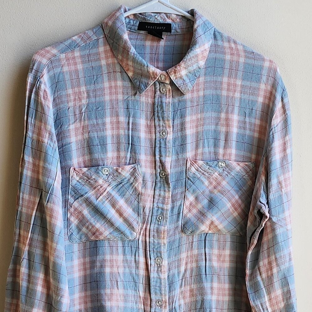 Sanctuary Blue/Pink Plaid Button Down Flannel Shirt Size Large - Picture 5 of 13